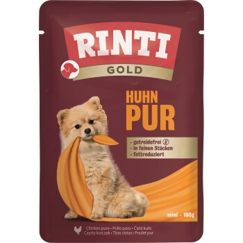RINTI GOLD Hundefutterbeutel 'HUHN PUR' mit flauschigem Welpen, der einen orangefarbigen Streifen hält; Text: getreidefrei, mini 100g